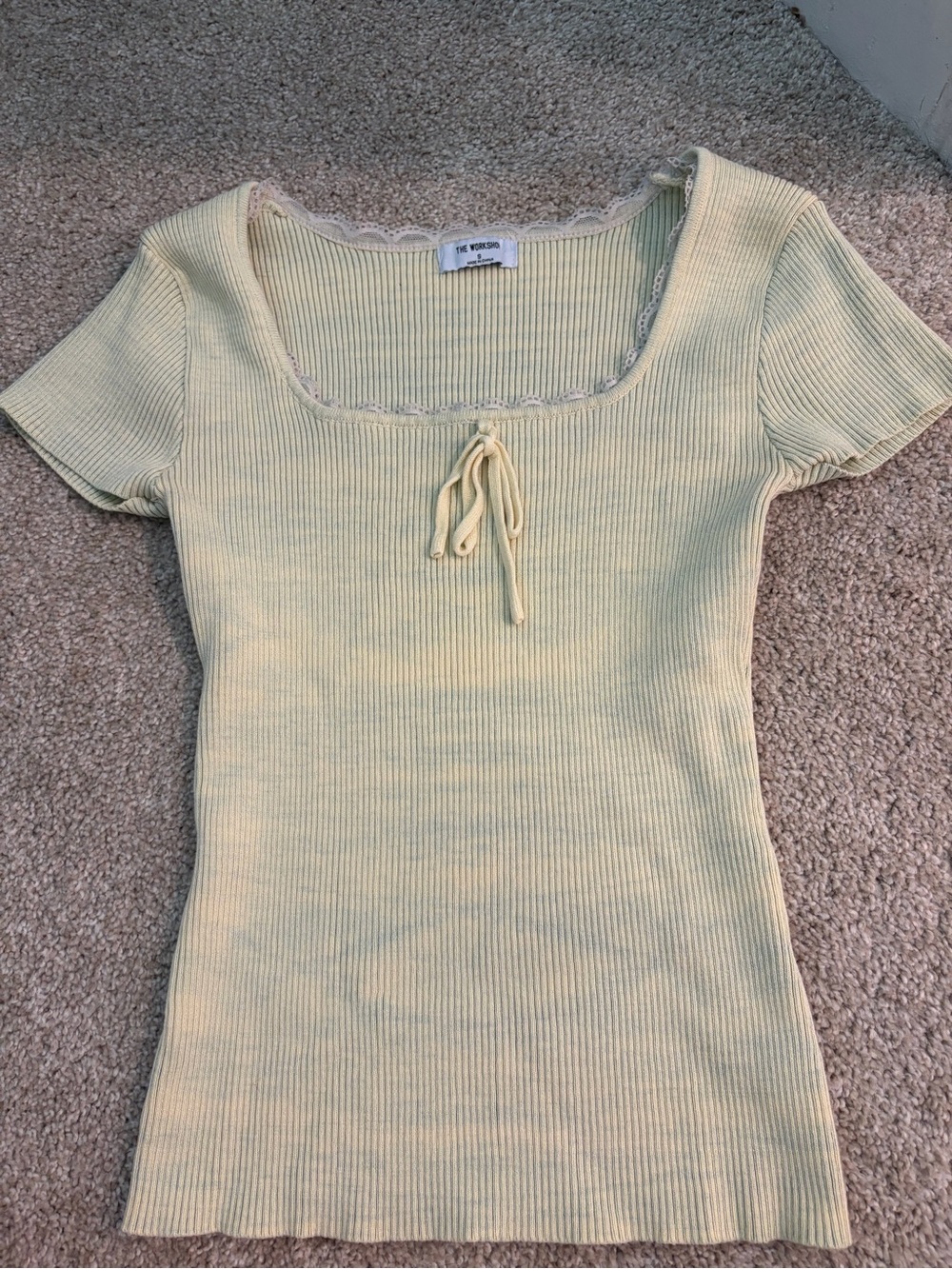 Workshop Republic Clothing Light Yellow Ribbed Square-Neck Crop Top with Tie